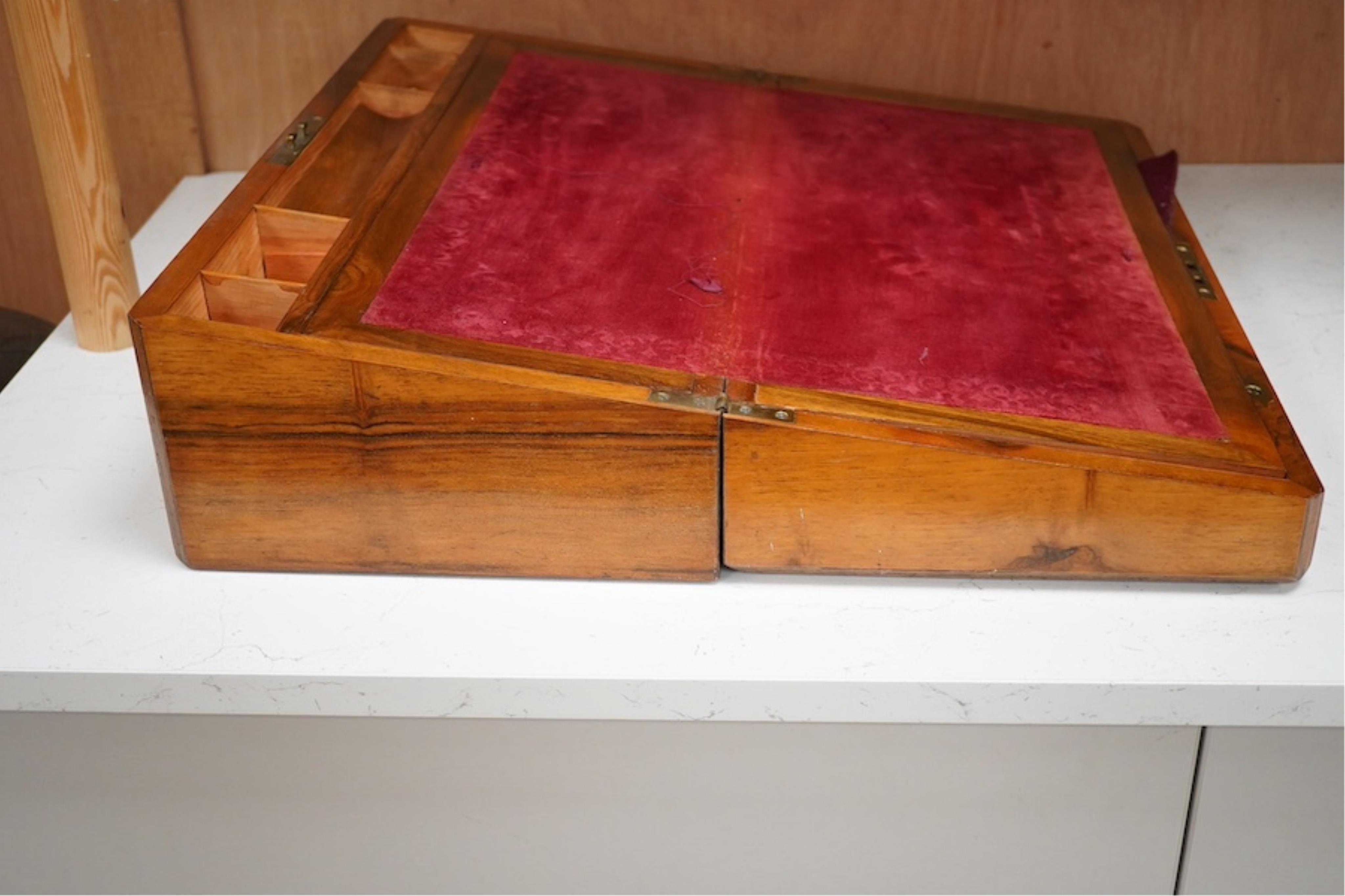 A Victorian inlaid walnut writing slope, 45cm wide x 26cm deep. Condition - brass plaque missing